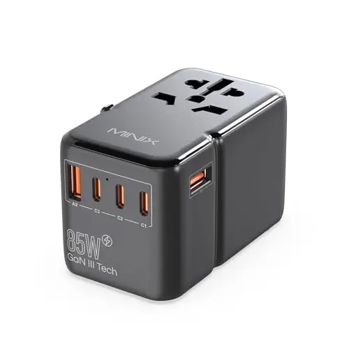 MINIX 85W GaN Universal Travel Adapter in black, a compact brick with multiple ports.