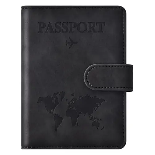 Eoehro black faux leather passport wallet with magnetic clasp