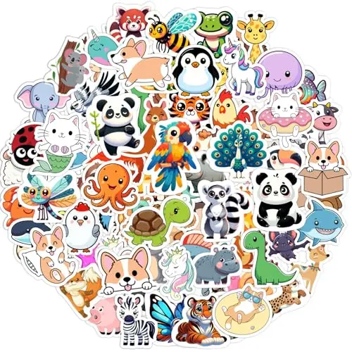 RINOLY pack of 100 cute animal-themed waterproof vinyl stickers for kids' water bottles and laptops