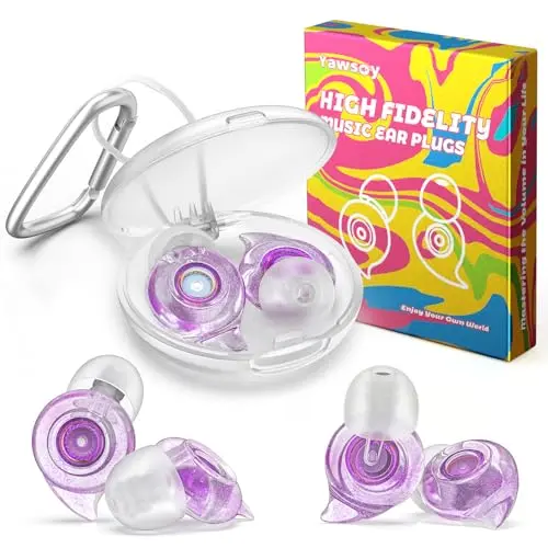Yawsoy high-fidelity earplugs in purple with multiple ear tip sizes and a case