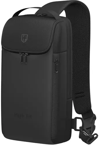 Minimalist black crossbody sling bag with multiple zippers, shown being worn on the chest