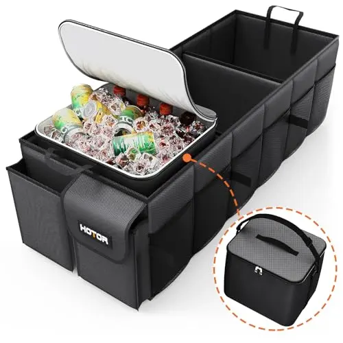 HOTOR long black trunk organizer with detachable cooler bag, fitting width of SUV.