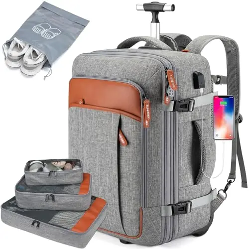 Lumesner grey rolling backpack with wheels, featuring included packing cubes laid out