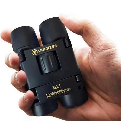 VULNESS 8x21 black folding binoculars next to a cruise card