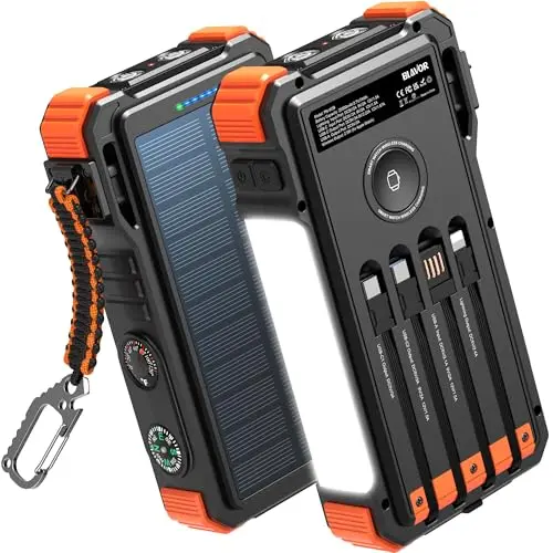 BLAVOR solar power bank with multiple built-in cables and a flashlight