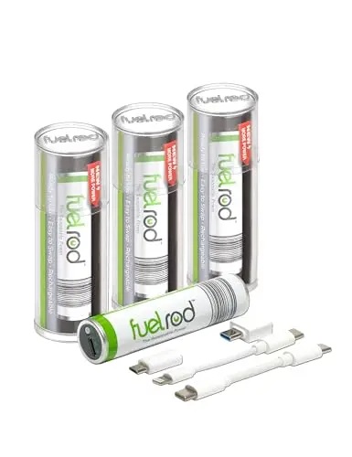 FuelRod USB-C portable charger pack with white charging rods, cables, and adapters.