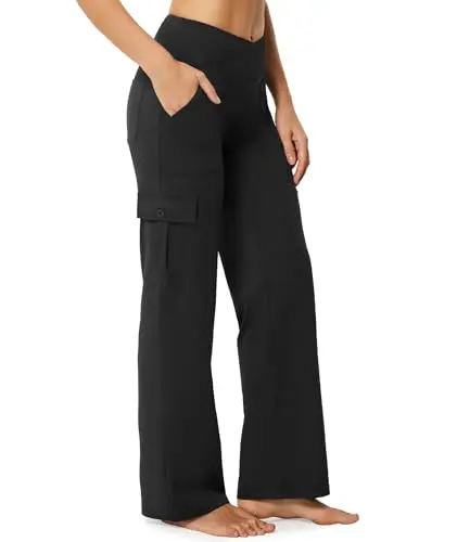 Women's high-waist wide leg yoga cargo pants with multiple pockets, suitable for travel and work.