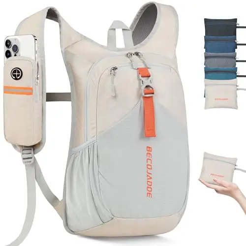 BECOJADDE 15L Small Hiking Backpack Foldable Packable Daypack in Beige