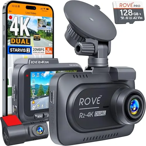 Rove R2-4K Dual dash cam front and rear setup on a windshield