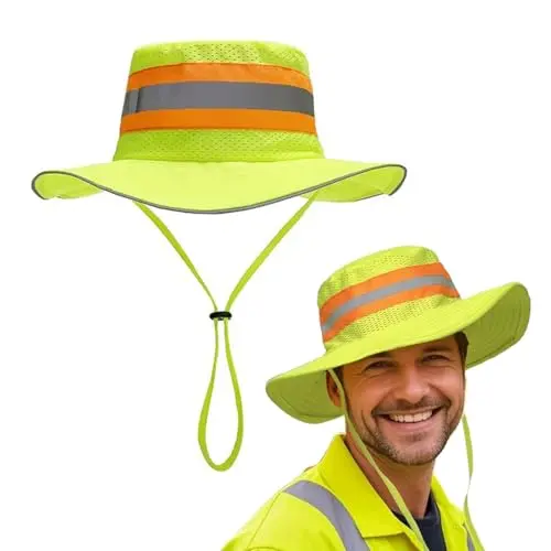 Green high visibility bucket hat with reflective stripes and mesh panels