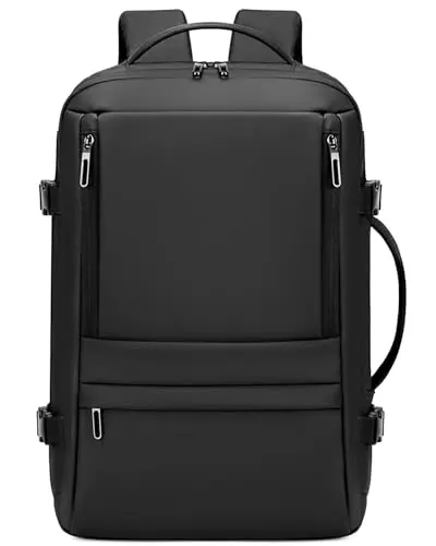Rcrirth expandable travel backpack in black, shown with compression straps tightened.