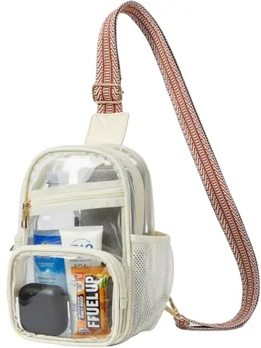 FORZAROCKET clear PVC sling bag with gold hardware on a long strap.