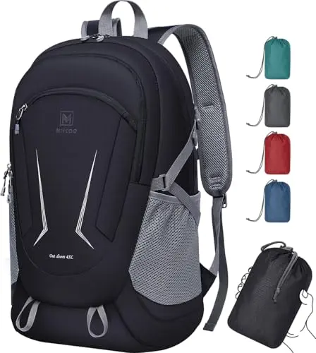 MIYCOO 45L large black waterproof packable backpack with multiple compartments.