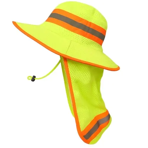 Men's high visibility sun hat with long neck flap in neon lime color