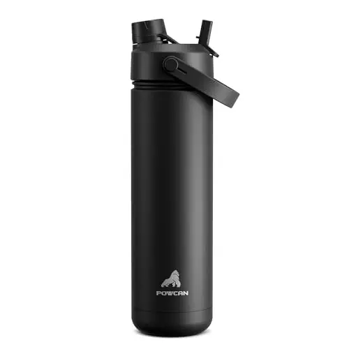 POWCAN 26 oz stainless steel insulated water bottle in Dark Knight color with a 2-in-1 straw and spout lid.
