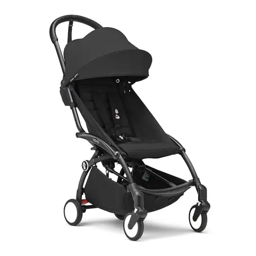 Stokke YOYO3 Stroller in black, shown in both unfolded and compactly folded positions.