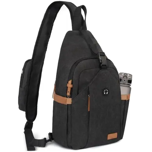 OSOCE canvas sling bag showing the external tunnel lock zipper and reflective strip detail
