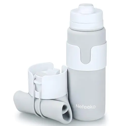Nefeeko gray collapsible silicone water bottle in folded and unfolded states