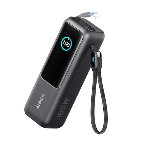 Anker 25000mAh power bank with built-in retractable cables on a suitcase