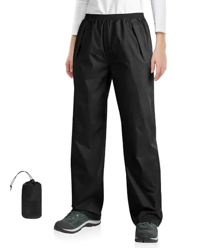 33,000ft Women's Packable Waterproof Rain Pants in a small storage bag.