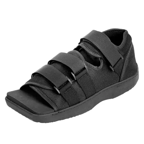 Estinko Post Op Shoe, a simple black surgical shoe with a square toe and adjustable straps.