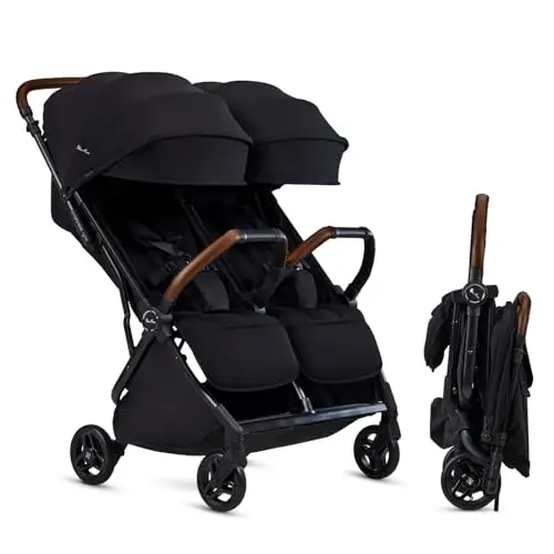 Silver Cross Jet Double side-by-side stroller folded compactly in travel mode.