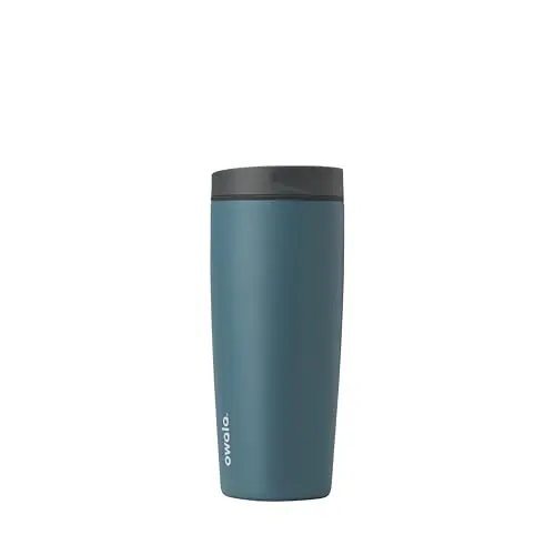 Owala SmoothSip Slider insulated travel mug in grey and blue