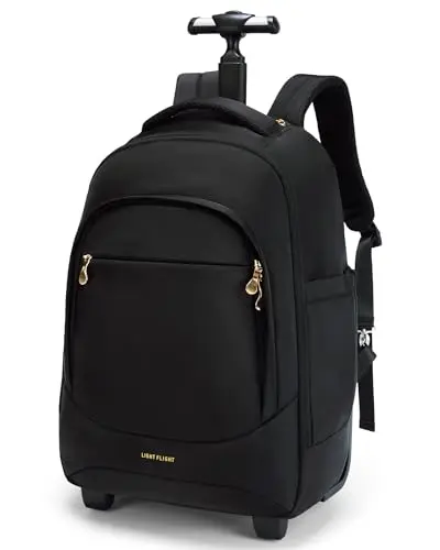 LIGHT FLIGHT 37L rolling backpack in black, showing suitcase-style opening and wheels