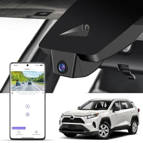 KuTaiTai single lens dash cam mounted discreetly behind a RAV4 rearview mirror