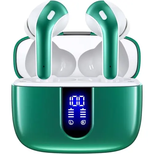 TAGRY X08 wireless earbuds with LED display charging case in forest green