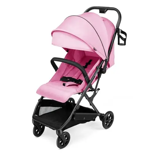 HOVNIA lightweight pink travel stroller with extended UPF canopy