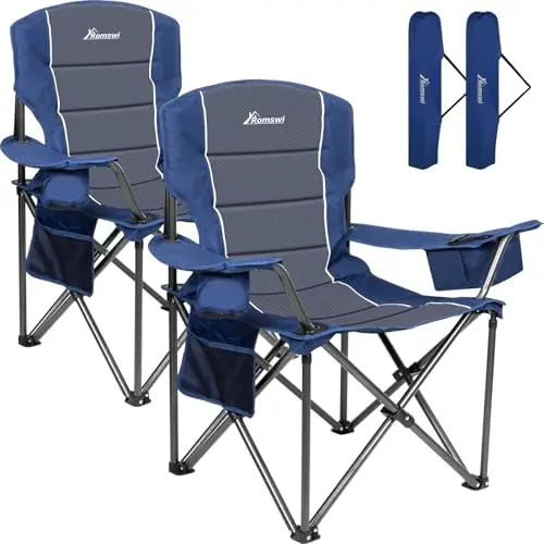 Romswi heavy duty oversized camping chairs set of two, showing blue fabric and ample storage pockets
