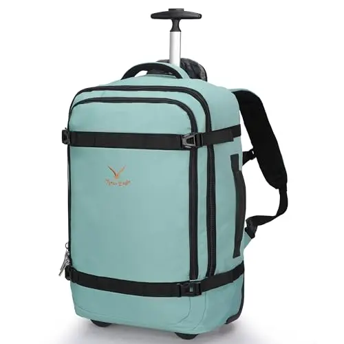 Hynes Eagle mint green rolling backpack with inline skate wheels and side handle
