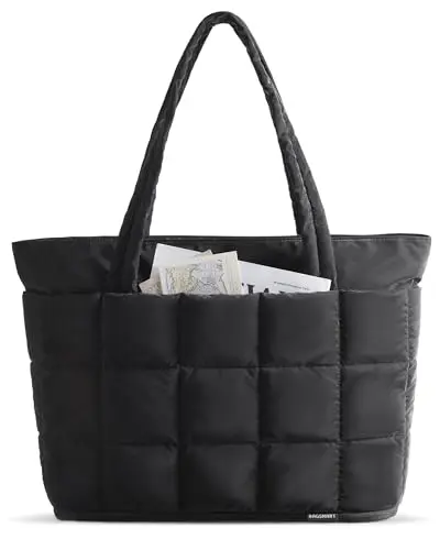BAGSMART black expandable puffer tote with water-resistant fabric.