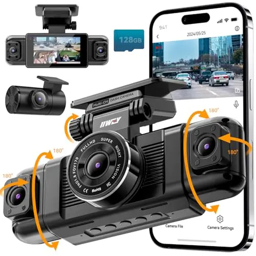 IIWEY N5 4-channel dash cam system showing a car surrounded by camera coverage zones