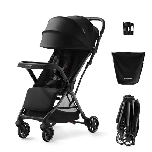 Momcozy ClickGo black travel stroller with one-click fold and large canopy