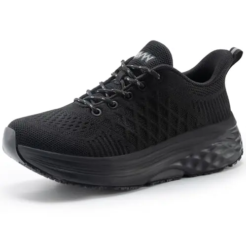 AVW women's black non-slip work sneakers with a knit upper