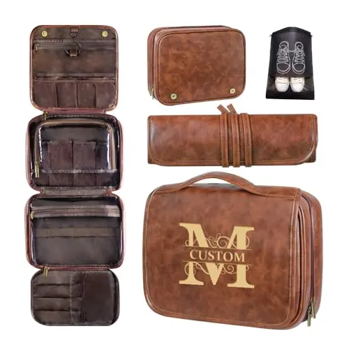 Custom 3-in-1 leather toiletry bag separated into sections