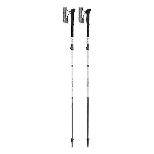 LEKI Skytera FX Carbon SL trekking poles showing collapsible segments and orange accents.