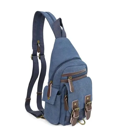 JESSIE & JAMES blue canvas concealed carry sling bag with leather trim