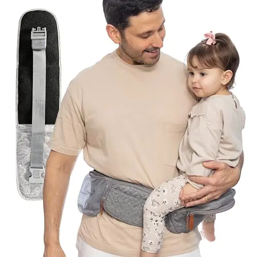 FAWNEST ergonomic baby hip seat carrier in dark grey, showing the structured seat and adjustable waistbelt