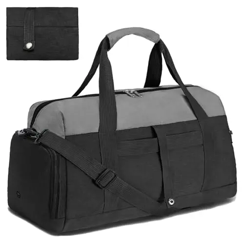 Black lifwimner foldable duffel bag compressed into a small size