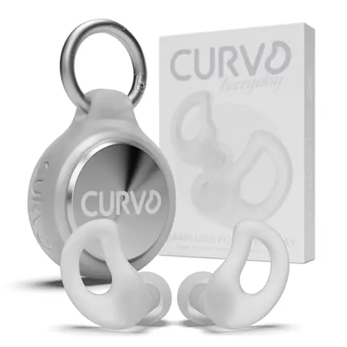 CURVD silicone earplugs with a case that has a clip attachment