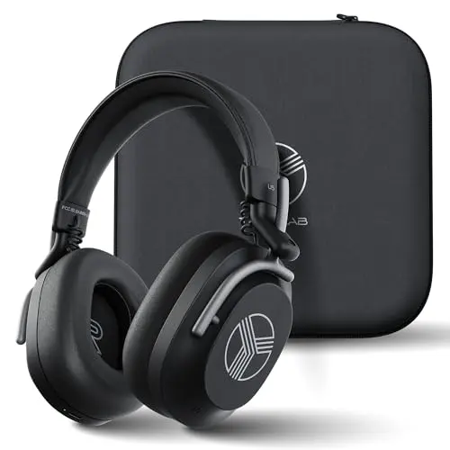TREBLAB U5 black over-ear headphones folded in a case