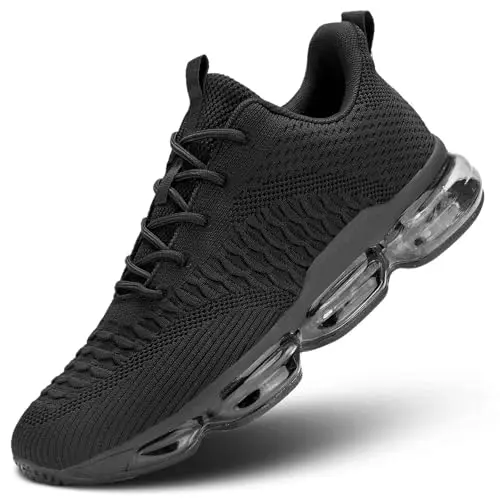 Men's air cushion running shoes in all black with breathable mesh