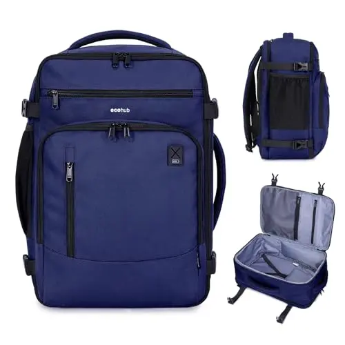 ECOHUB blue casual daypack with multiple front pockets and a side water bottle holder.