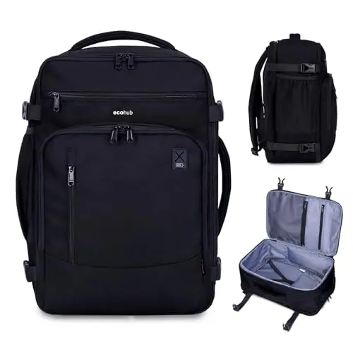 ECOHUB black travel backpack with luggage strap, open clamshell design showing organization