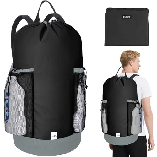 BALEINE black laundry backpack with mesh pockets and drawstring closure