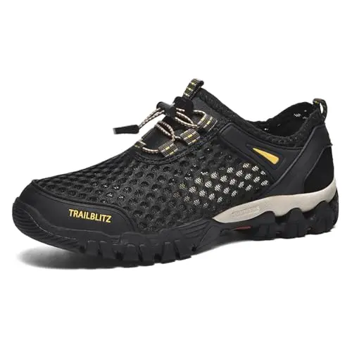 TRAILBLITZ black water shoes with mesh upper and drainage holes.