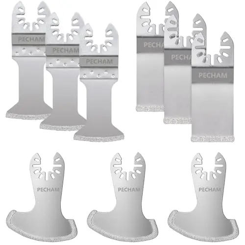 PECHAM 9-piece diamond oscillating tool blade kit with multiple shapes for grout removal.